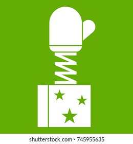 Hand on spring in box icon white isolated on green background. Vector illustration