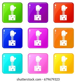 Hand on spring in box icons of 9 color set isolated vector illustration