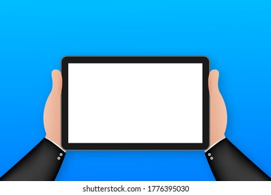 Hand on tablet in cartoon style. Using digital tablet pc. Vector stock illustration.