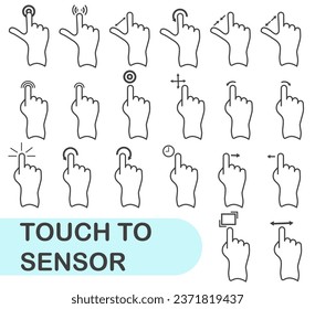 Hand on touch screen. Touch screen with hand icon set in thin line style. EPS 10.