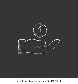 Hand and one coin. Drawn in chalk icon.