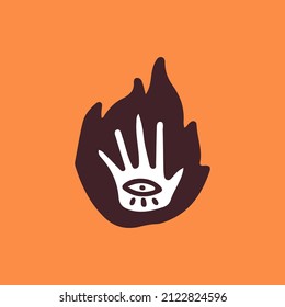 Hand, one eye, and fire, illustration for t-shirt, sticker, or apparel merchandise. With doodle, soft pop, and cartoon style.