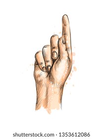 Hand with one finger up from a splash of watercolor, hand drawn sketch. Vector illustration of paints