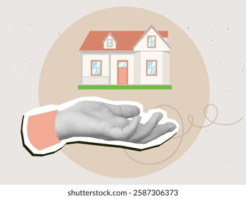 Hand with a one story house on the lawn. Modern collage style. Vector illustration