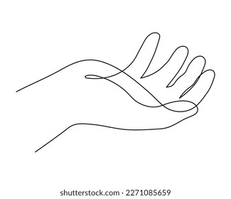 Hand one-line art, hand drawn continuous contour. Palm with fingers gesturing, drawing single line style, minimalist design. Editable stroke. Isolated. Vector illustration