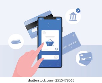 Hand online payment ecommerce platform or online store payment options. Bank transfer, credit card, purchase, add to cart. Flat illustration concept.