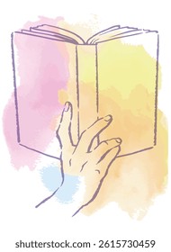 A hand and an open book colored with watercolor. Vector sketch illustration.