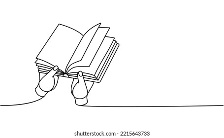 Hand with open book one line continuous drawing. Bookstore, library continuous one line illustration. Vector minimalist linear illustration.