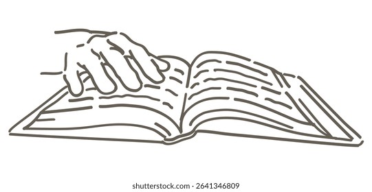 A hand and an open book. Simple line. Vector sketch illustration.