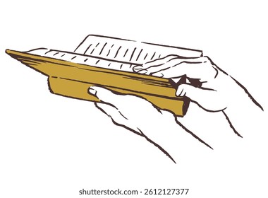 A hand and an open book. Vector sketch illustration.