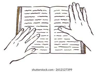 A hand and an open book. Vector sketch illustration.