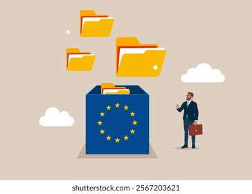 Hand open box European Union to see file folders. Arrange online data, paperwork concept, file management, organize document files into archive folders.