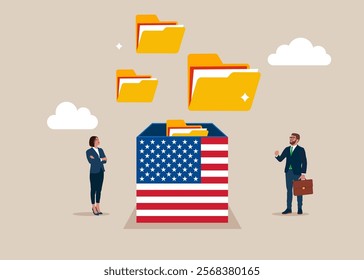 Hand open box United States of America to see file folders. Arrange online data, paperwork concept, file management, organize document files into archive folders.