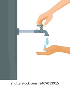 Agua del grifo abierta y de cierre de mano con gota de gota de gota de agua que cae