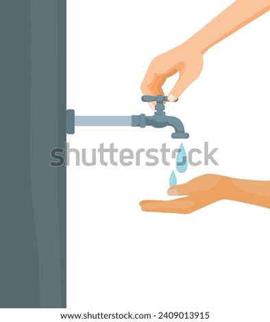 Hand open and closing tap water with hand holding drop liquid of falling water