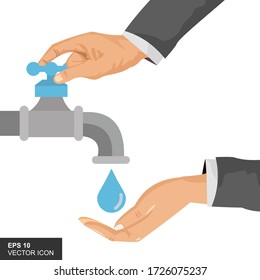 Hand open for drinking tap water. Drink a falling drop. Liquid in the palm. Vector illustration flat design. Isolated on white background. Turn on and turn off faucet.