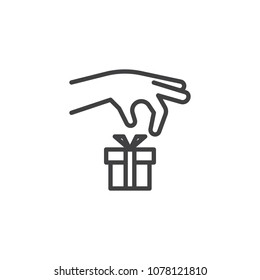 Hand open gift box outline icon. linear style sign for mobile concept and web design. Present simple line vector icon. Symbol, logo illustration. Pixel perfect vector graphics