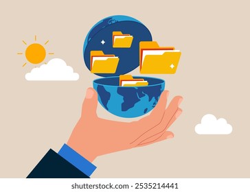 Hand open globe to see files folder. Arrange online data, paperwork concept, file management, organize document files into archive folders.