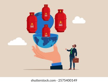 Hand open globe to see gas cylinder. Vision plan and perspective. Trading natural gas. Sale of natural gas and fuels, diesel, oil. Modern vector illustration in flat style