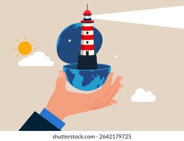 Hand open globe to see lighthouse. Opportunities for strategic vision, business thinking. Modern vector illustration in flat style. 