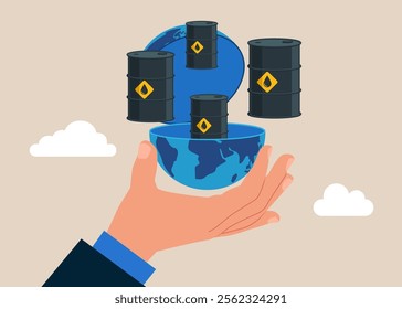 Hand open globe to see oil barrels. Vision plan and perspective. Trading oil. Modern vector illustration in flat style