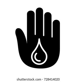 Hand open palm drop water blood logo icon. Simple illustration of hand with water drop vector illustration for print or web design.