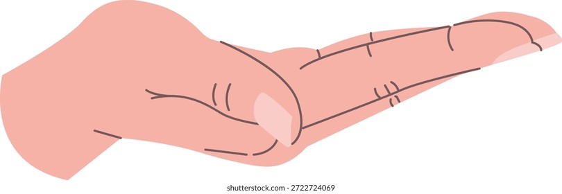 Mano con la palma abierta hacia arriba, los dedos juntos, líneas de contorno limpias y pliegues sutiles. Símbolo de donación, Asistencia, caridad, donación, ayuda y cuidado. Ilustración vectorial de dibujos animados.