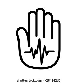 Hand open palm heartbeat pulse logo icon. Outline illustration of hand with heartbeat pulse vector illustration for print or web design.