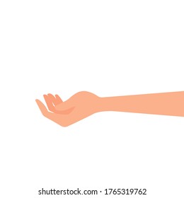 Hand with open palm pointing up. Vector illustration, isolated on a white background, flat cartoon, eps 10. Concept: take, give, hold, gesture, reach out for something.