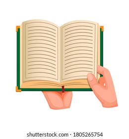 hand open and reading book, quran or bibble book religion literature symbol concept in cartoon illustration vector on white background