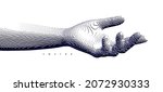 Hand open and ready to help. Human arm giving. Connection structure. Voxel art. 3D vector illustration for medicine, science or technology.