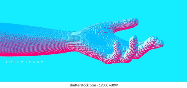 Mano abierta y lista para ayudar. Dando un brazo humano. Estructura de conexión. Ilustración vectorial 3D del arte Voxel para medicina, ciencia o tecnología.