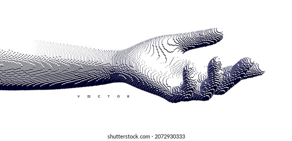 Hand open and ready to help. Human arm giving. Connection structure. Voxel art. 3D vector illustration for medicine, science or technology.