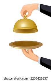 hand open serving food with empty dish cartoon realistic illustration vector