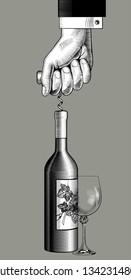 Hand open a wine bottle with a corkscrew and a wineglass. Vintage engraving stylized drawing. Vector illustration