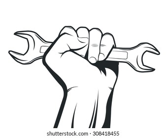 Hand with open wrench, vector illustration in black and white style