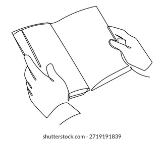 Una mano abriendo un libro, en línea continua. Ilustración vectorial de dibujo de una sola línea.