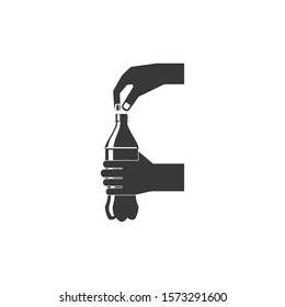 Hand opening bottle of water isolated on white background. vector icon