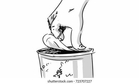 Hand opening canned pate. Vector storyboard sketch