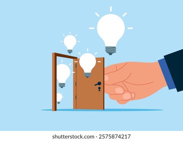 Hand opening a door to see business vision. Creativity to help see business opportunity, vision to discover new solution or idea, curiosity, searching for success concept. 