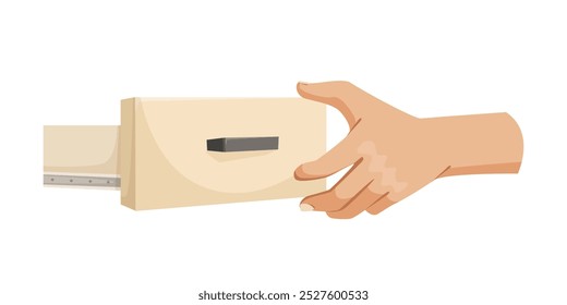 Hand opening a drawer with a light wooden design. Vector illustration