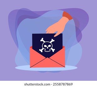 Hand opening envelope with picture of skeleton skull. Person receiving threat, spam message or virus warning flat vector illustration. Blackmail, internet, danger concept for banner, website design