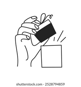 Hand Opening Gift Box Doodle Icon. Gesture with Birthday present. Surprise symbol. Outline vector illustration