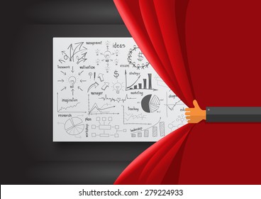 Hand opening red curtain, With creative drawing business success strategy plan ideas, Inspiration concept modern design template layout, diagram, Vector illustration