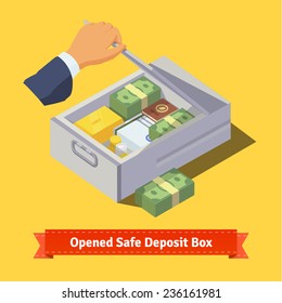 Hand Opening A Safe Deposit Box Full Of Valuables - Money, Gold, Papers And Coins. Flat Style Illustration. EPS 10 Vector.