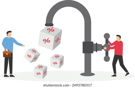 Hand opening water tap and cube block with percentage symbol icons fall from faucet. Interest, financial and mortgage rates. Flat vector illustration

