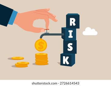 Hand öffnen Wasserhahn aus Kubikmeter auf Stapel mit dem Wort RISK und Geld fließt aus dem Hahn. Risikomanagement, Kontrolle oder Bewertung zu verlieren Geld in Investitionen. Flache Vektorgrafik