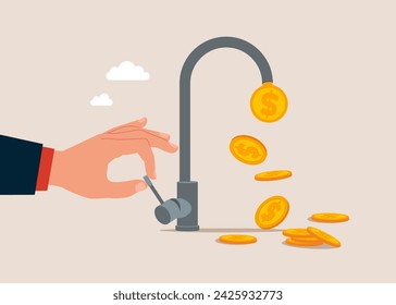 Hand opening water tap to let dollar coins flowing out. Flat vector illustration