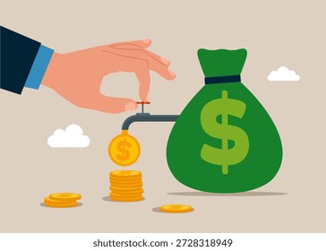 Mão abrindo torneira de água para deixar moedas de dólar próximo de saco de dinheiro. Investimentos financeiros. Ilustração de vetor plano