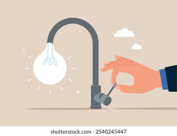 Hand opening water tap and light bulb fall from faucet, source of new ideas. Light bulb as drop of water. Flat vector illustration